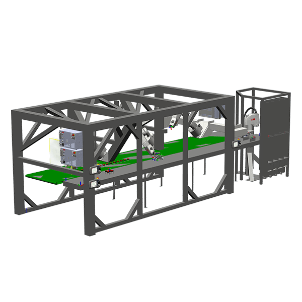 Simulering af pakkeanlæg med 4 ABB robotter set fra siden